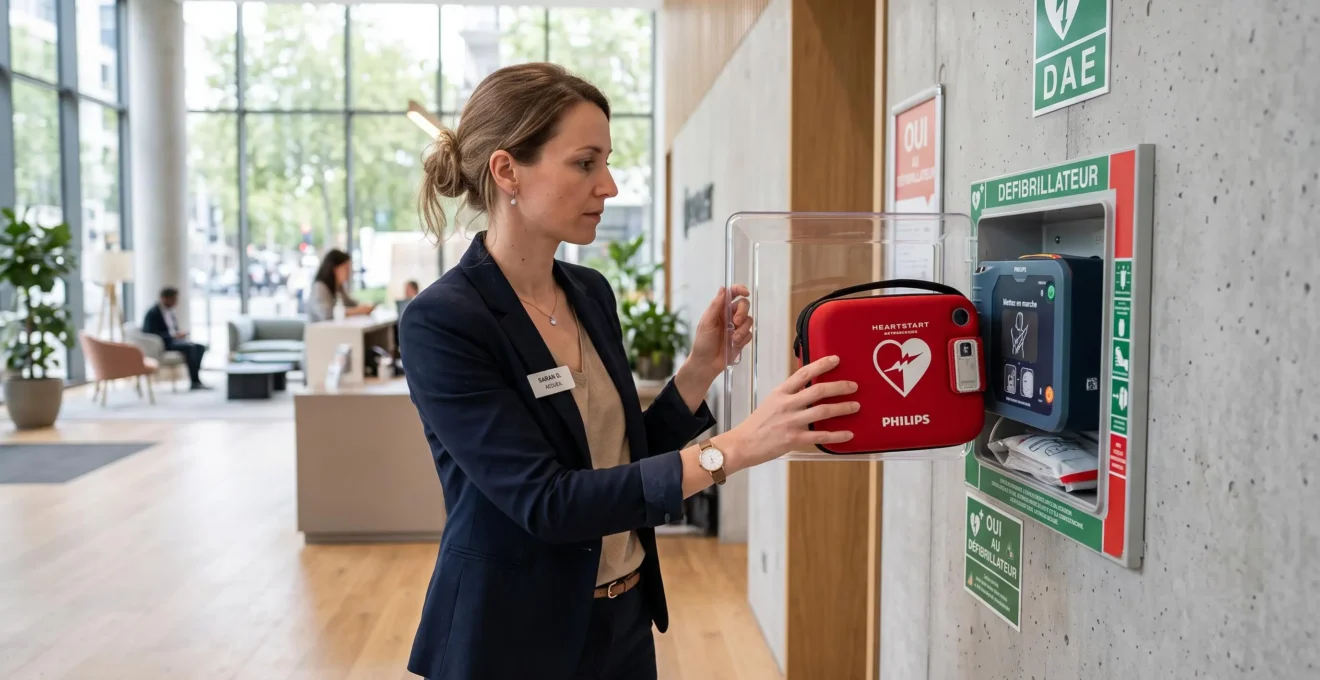 Une employée ouvre l'armoire d'un défibrillateur installé dans le hall d'une entreprise.