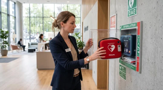 Une employée ouvre l'armoire d'un défibrillateur installé dans le hall d'une entreprise.