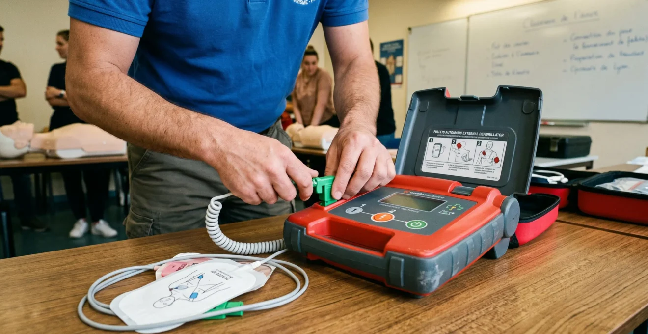 Des mains connectent les électrodes à un défibrillateur posé sur une table de formation.