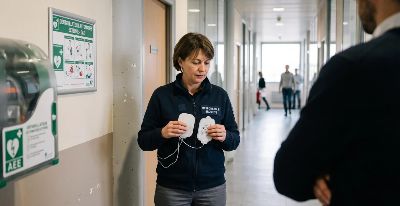 Un responsable sécurité positionne des électrodes de défibrillateur devant lui dans un couloir de bureaux.