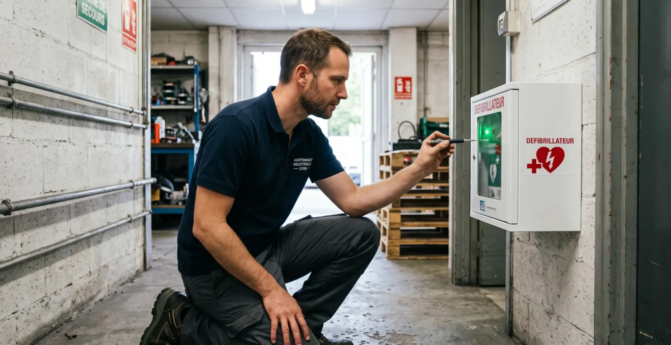 Un technicien vérifie le voyant d'état d'un défibrillateur fixé dans un couloir d'atelier.